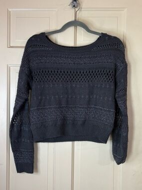 Delias Vintage Gray Boat Neck Long Sleeve Cropped Metallic Open Knit Sweater S